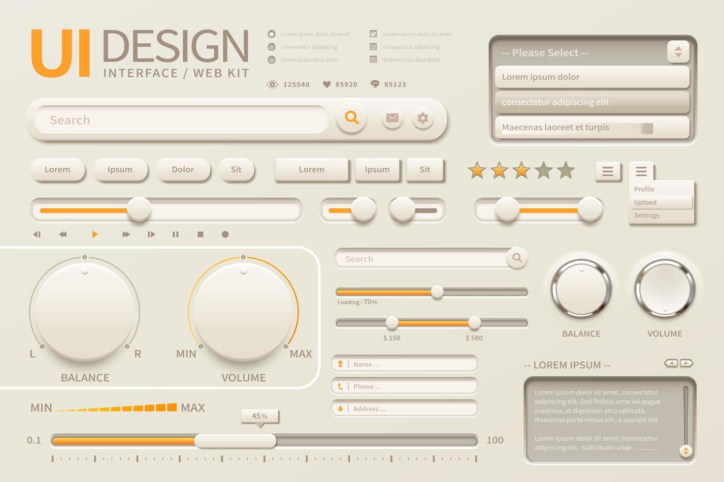 Elegant UI design with different buttons in beige and chrome yellow tone, 3d illustration vector