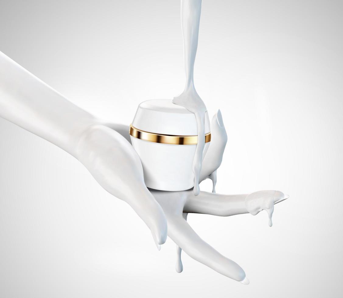 Hand holding cream jar with liquid dripping down from top in 3d illustration vector