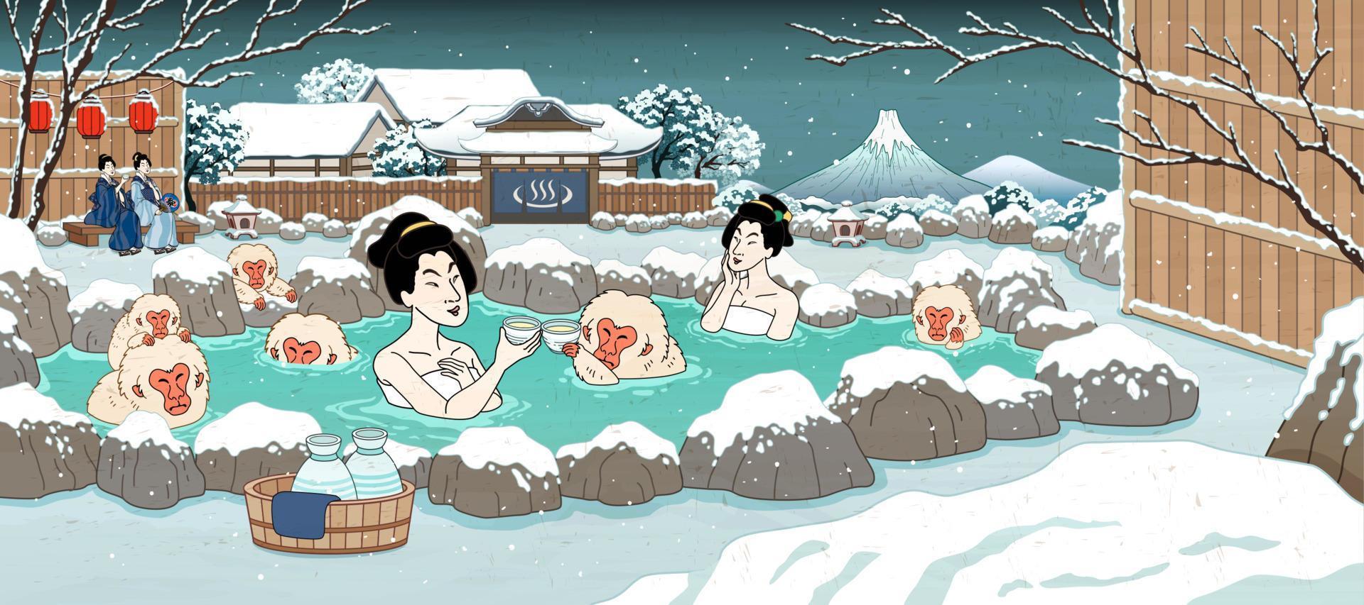 Japanese ukiyo-e style women and cute monkey enjoying outdoor hot spring and sake, beautiful winter snowy scenery vector