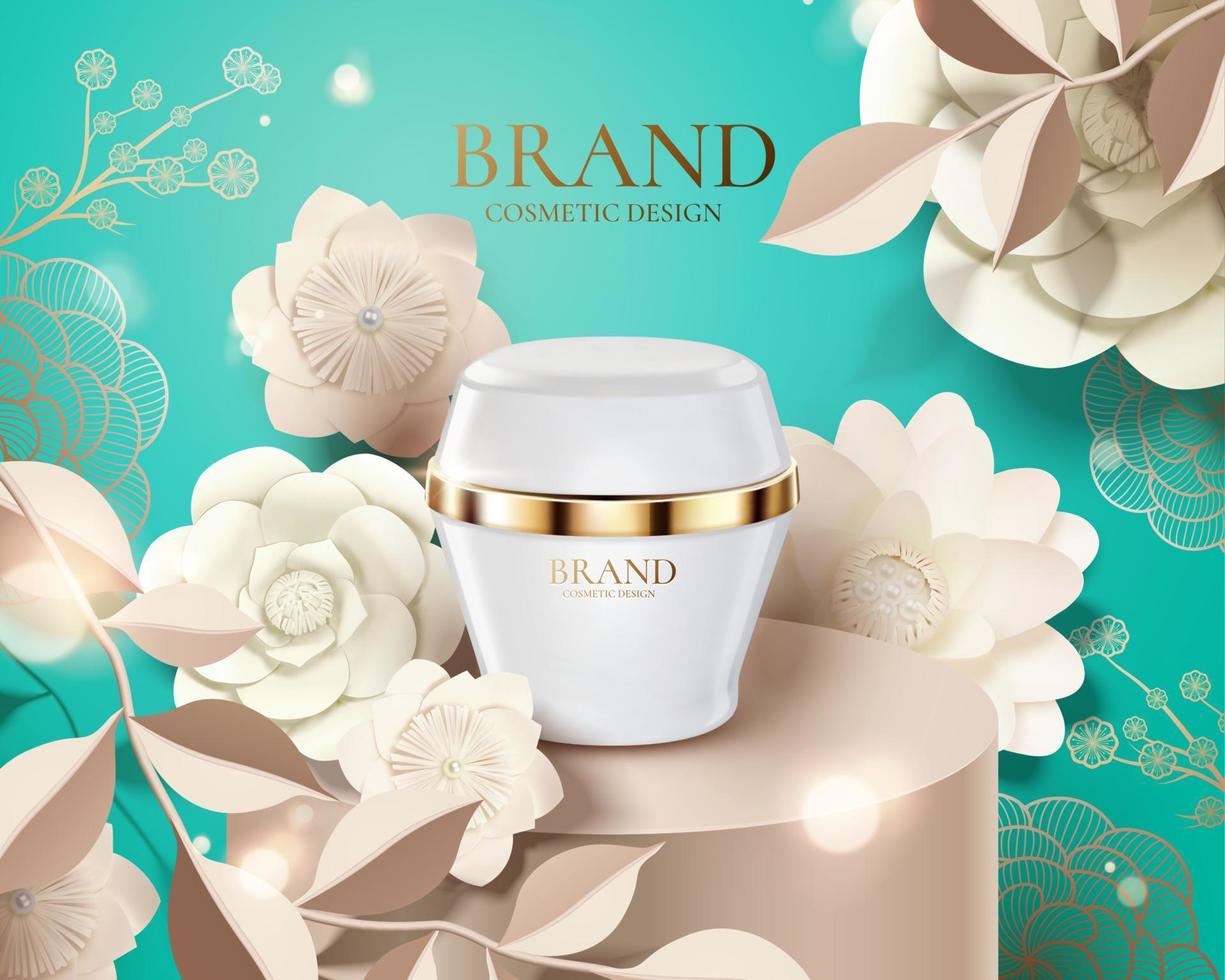 Cream jar ads on podium stage with paper flowers, turquoise background in 3d illustration vector