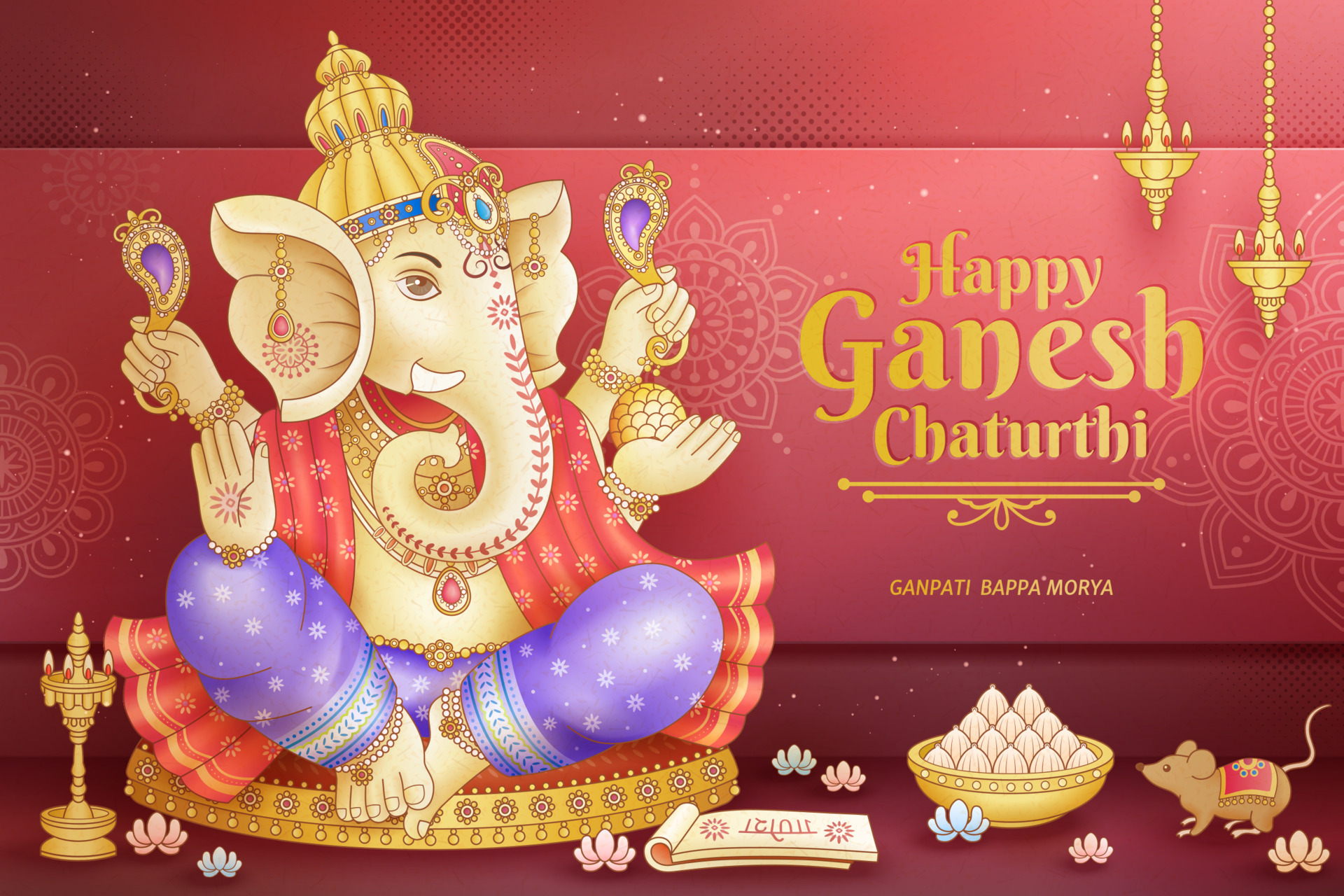 Happy Ganesh Chaturthi design with god Ganesha holding ritual implement