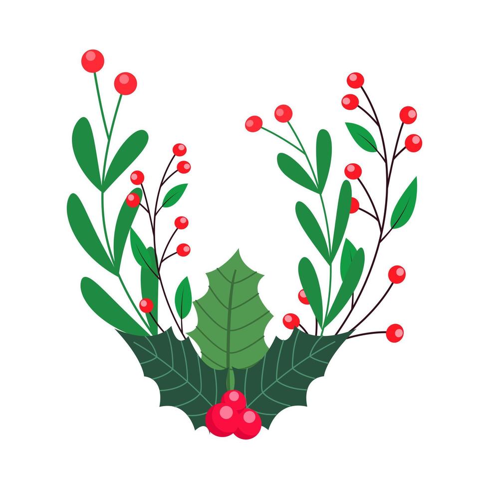 hand drawn christmas holly berries with tree branches and leaves. decorative christmas plant elements vector