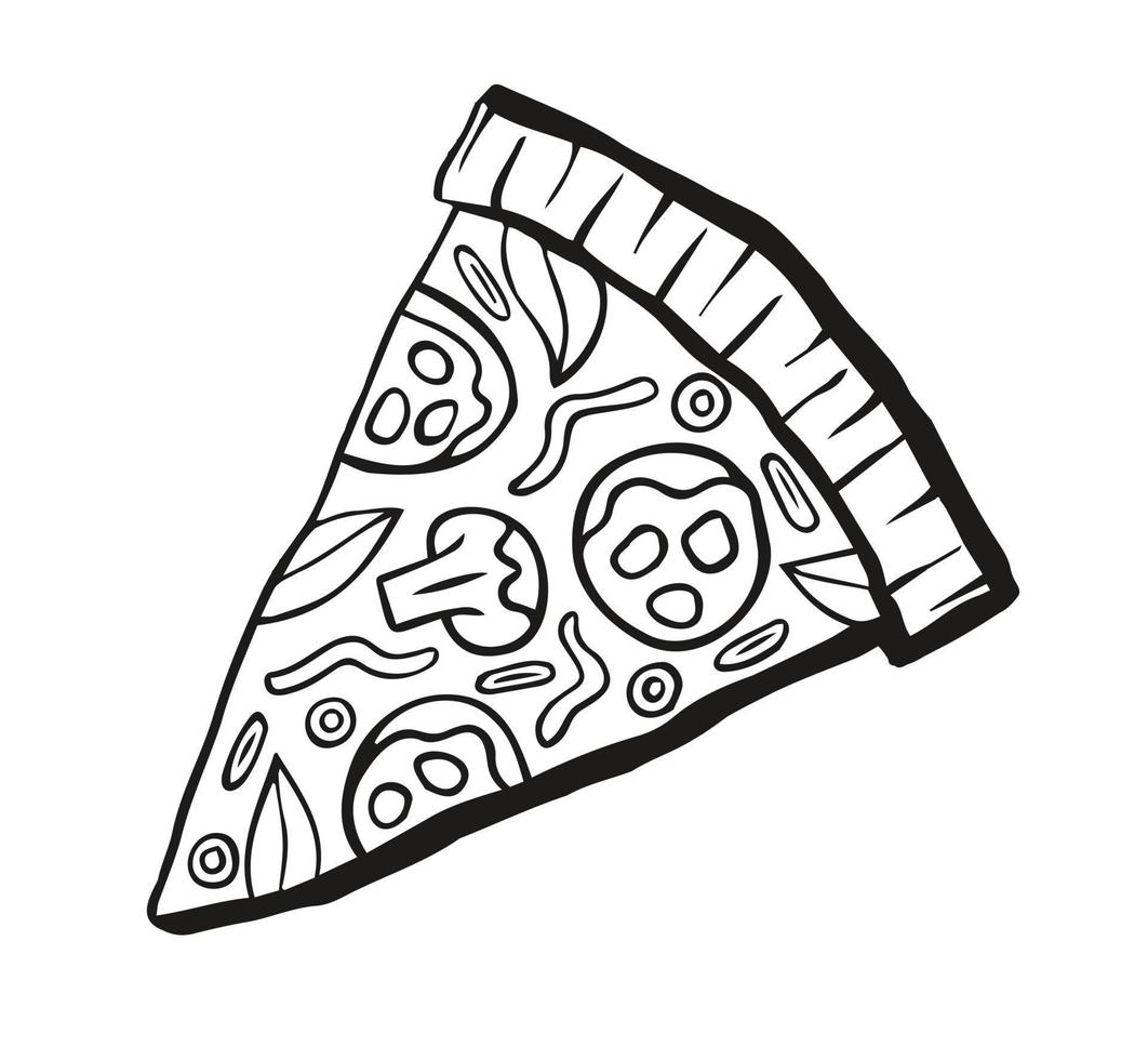 Pizza slice design. Tasty food symbol. Black lines style vector. vector