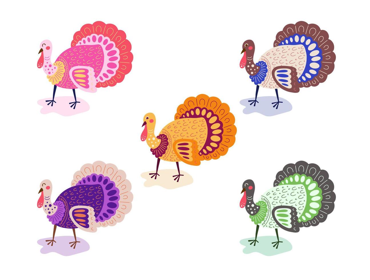 Turkey bird flat design vector illustration collection. Thanksgiving day theme. Five different colors.