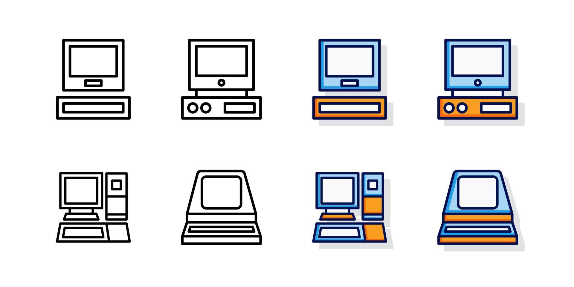 conjunto de iconos o símbolos de contorno llenos de computadora vintage de ilustración vectorial. gráfico de diseño de dispositivos de monitor y tecnología. vector