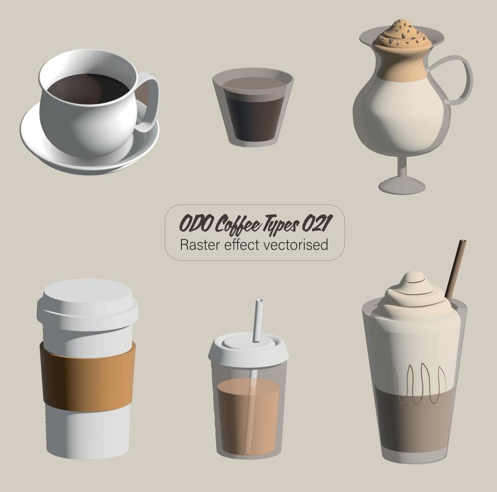 conjunto de vectores de tipos de café: 6 tipos de café populares ilustrados y representados en 3d.