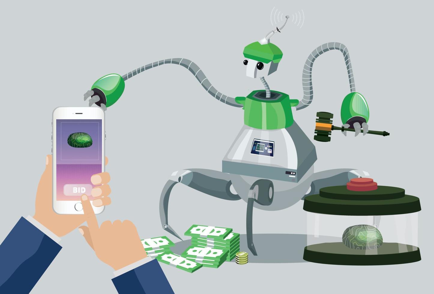 robot vendiendo en una acción en línea un artículo valioso-ilustración sureal vector