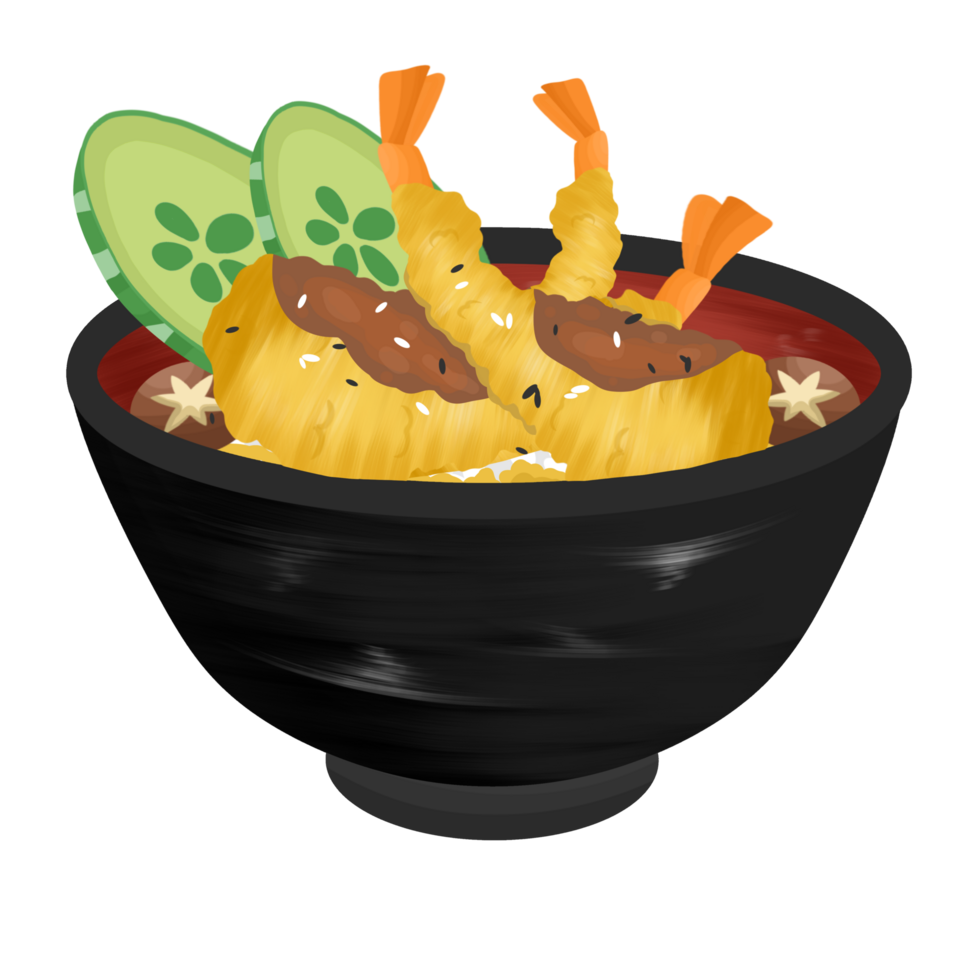 Free Tempura Donburi with boiled mushrooms and sliced cucumber and