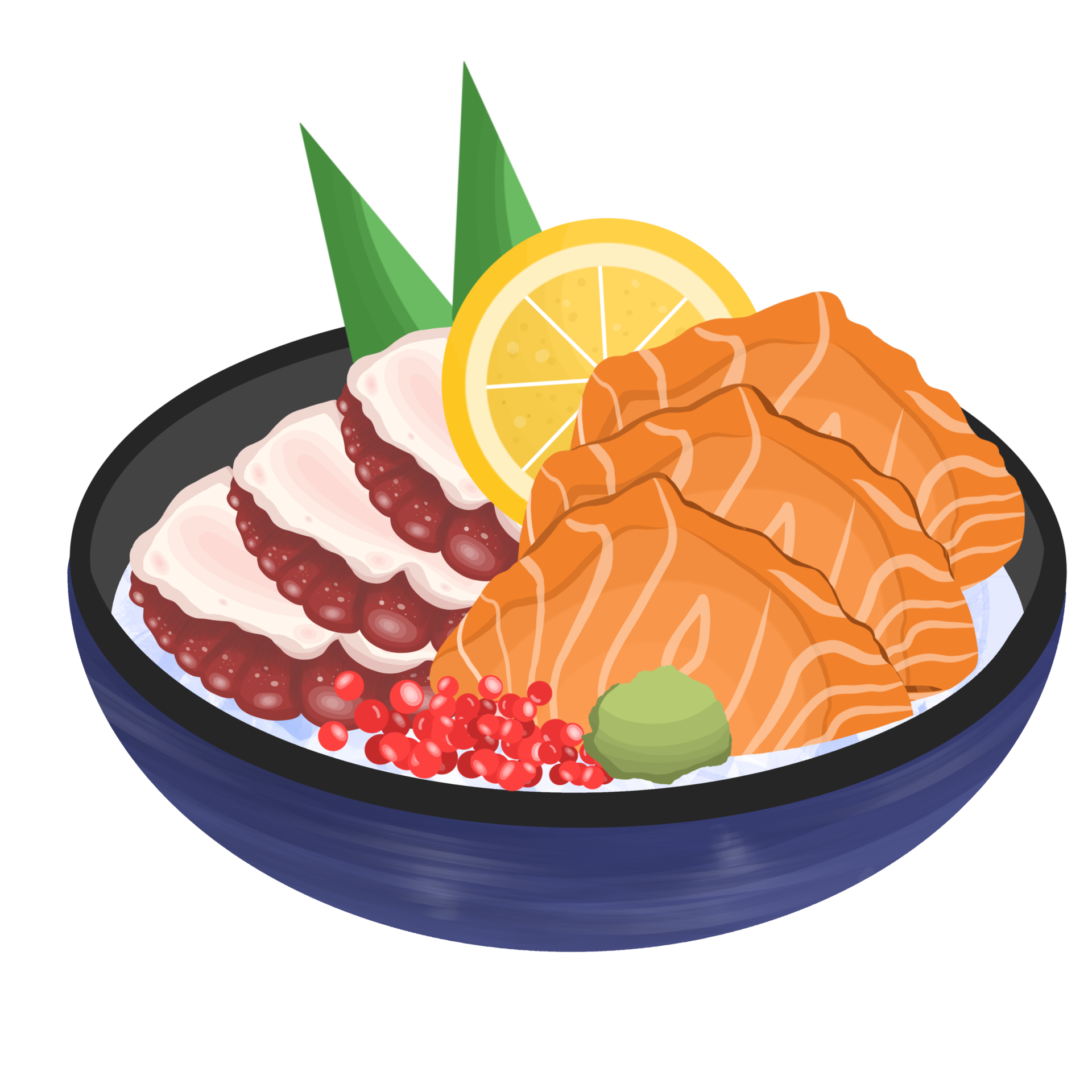 tako sashimi with toro salmon sashimi and tobiko and wasabi, Japanese