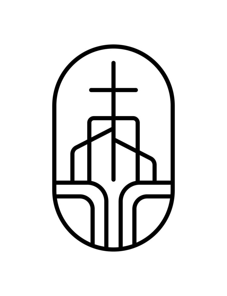 cruz de la línea de religión en la ilustración del icono del logotipo del vector de la iglesia del edificio aislado. jesucristo en el calvario es el centro del cristianismo. Dios perdone a la gente