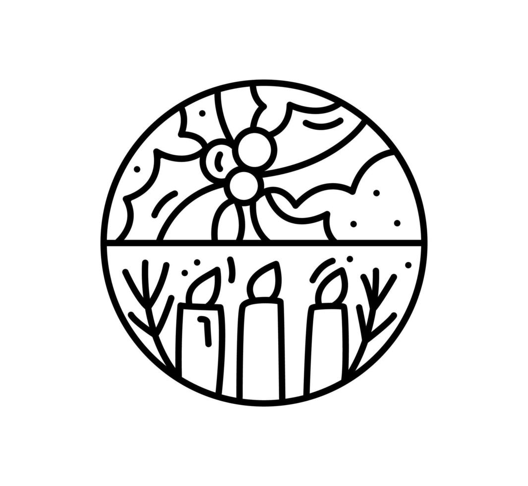 logotipo de navidad composición de adviento bayas de acebo y velas. constructor de vector de invierno dibujado a mano monoline en dos marcos semicirculares para tarjeta de felicitación