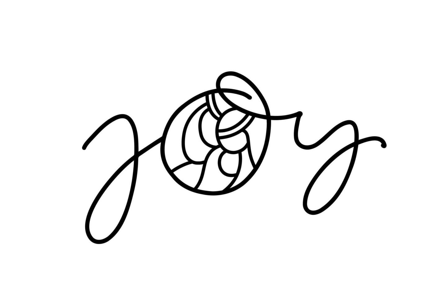 Joy monoline calligraphy text and Christmas Vector religious Nativity Scene of baby Jesus with Joseph and Mary. Minimalist art line drawing, print and logo design