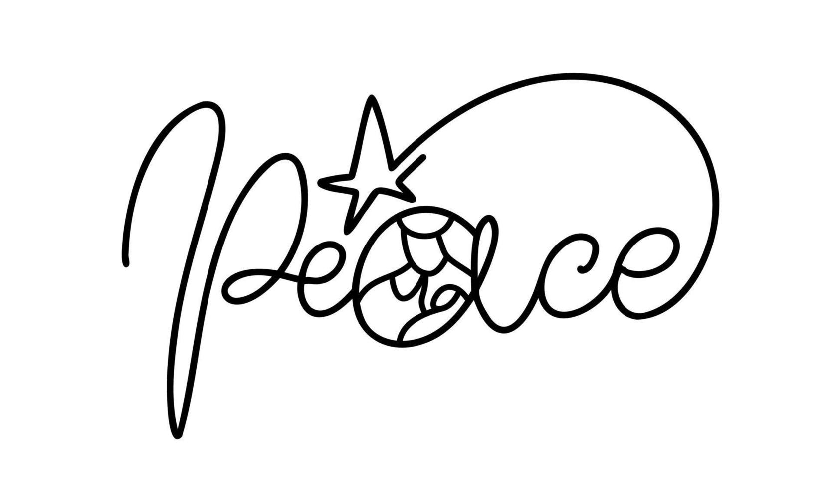 Peace monoline calligraphy text and Christmas Vector religious Nativity Scene of baby Jesus with Joseph and Mary. Minimalist art line drawing, print and logo design