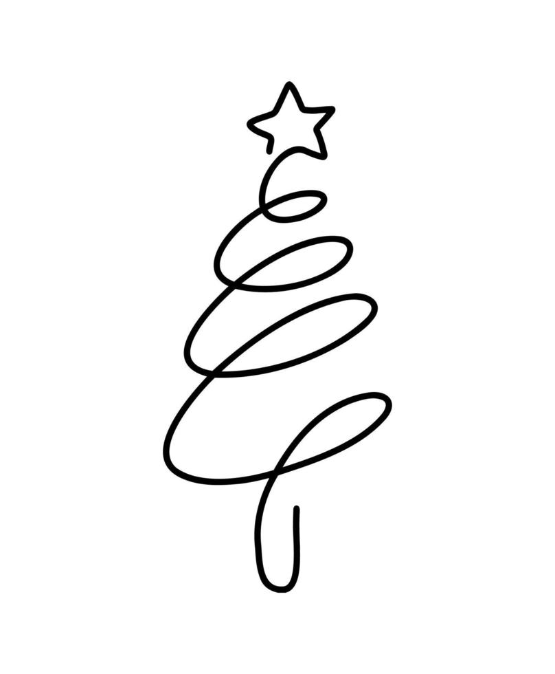 Christmas vector pine fir tree one line art with star. Continuous one line drawing. illustration minimalistic design for xmas and New Year type concept