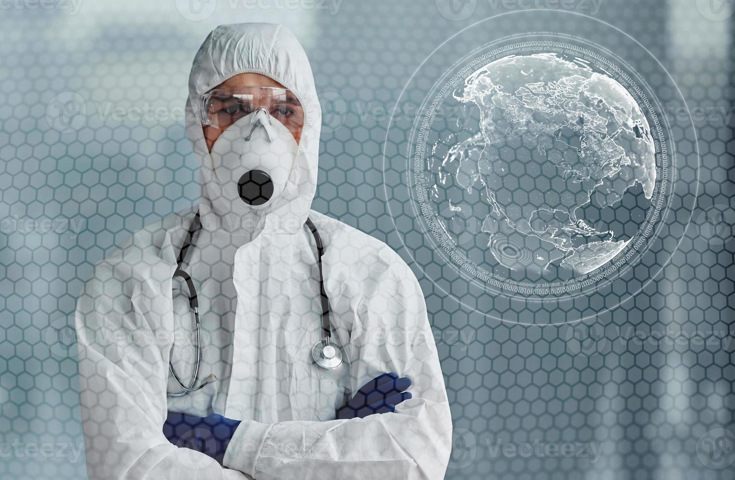 Digital world map on picture. Male doctor scientist in lab coat and mask standing indoors photo