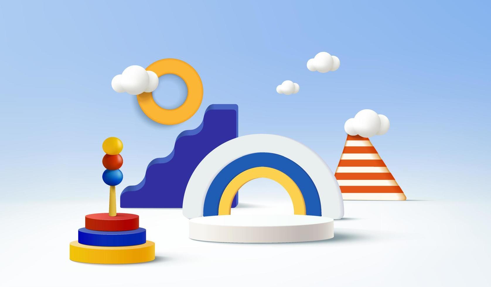 3d podium on colorful background abstract geometric shapes with cute rainbow, kids product display vector
