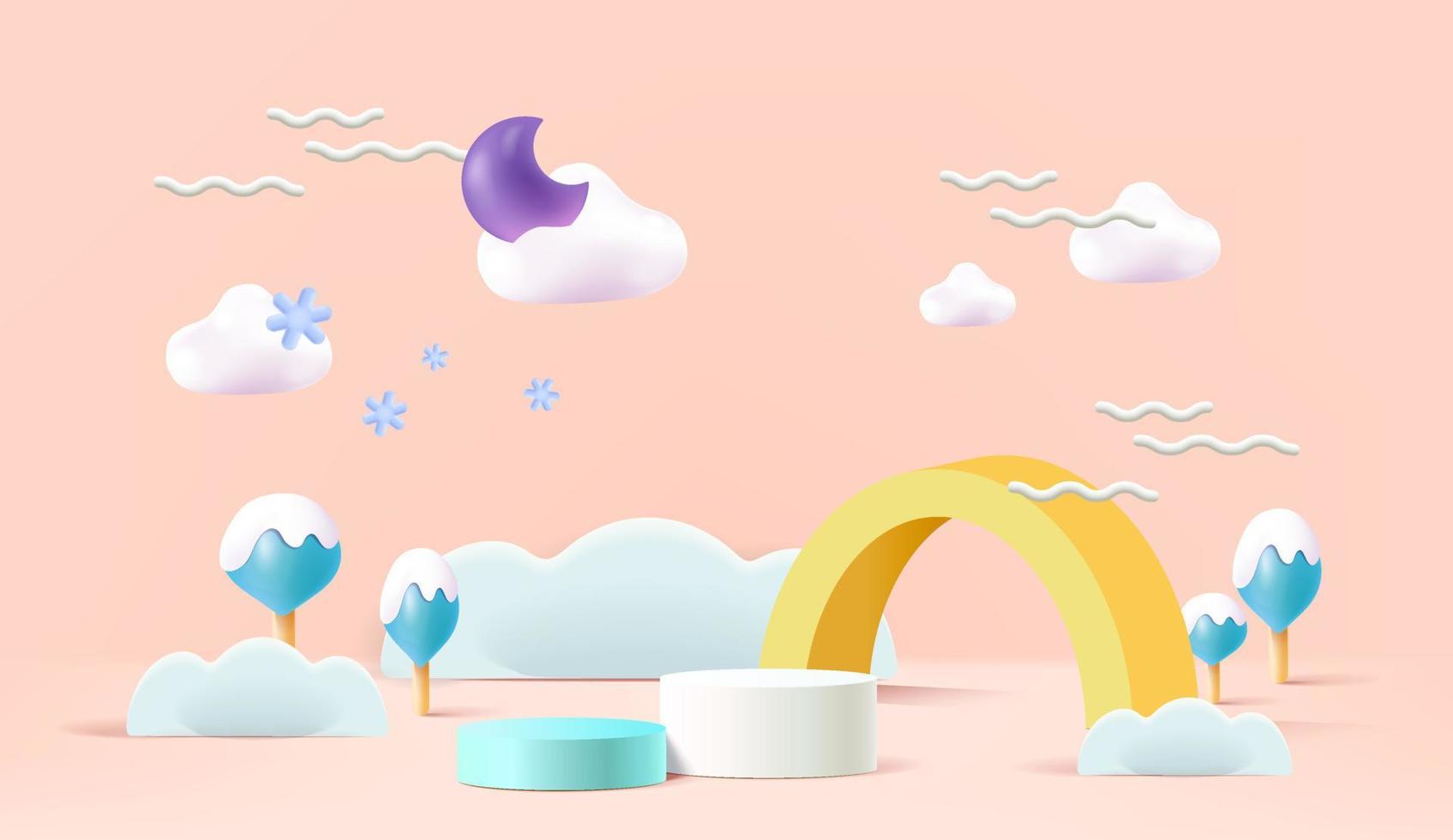3d podium on colorful background abstract geometric shapes with cute rainbow, kids product display vector