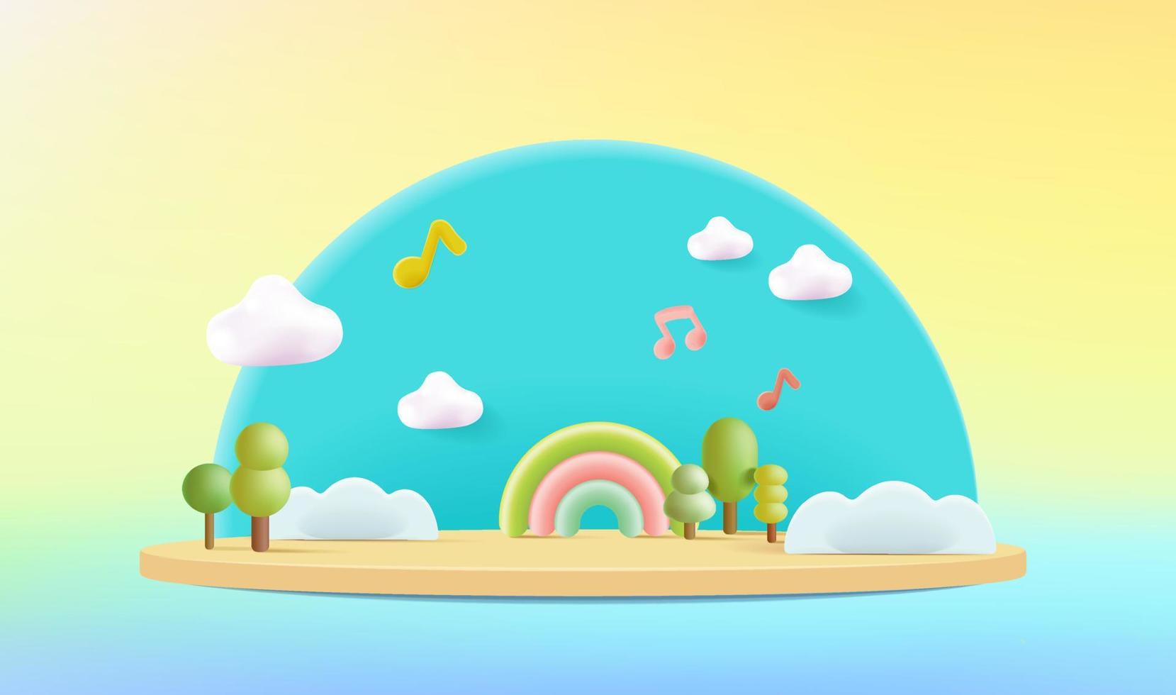 3d podium on colorful background abstract geometric shapes with cute rainbow, kids product display vector