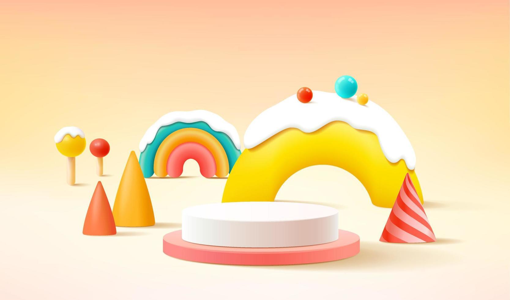 Podio 3d sobre fondo colorido formas geométricas abstractas con lindo arco iris, exhibición de productos para niños vector