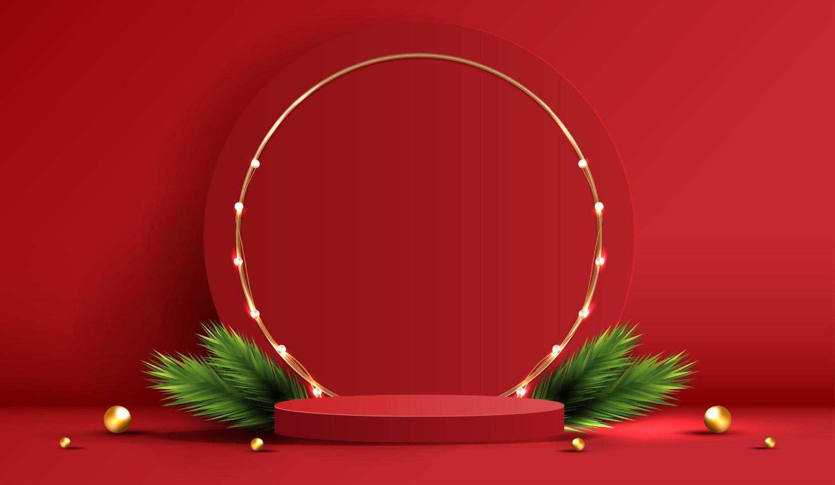 Podium shape for show cosmetic product display for Christmas day or New Years. Stand product showcase on red background with tree christmas. vector design.