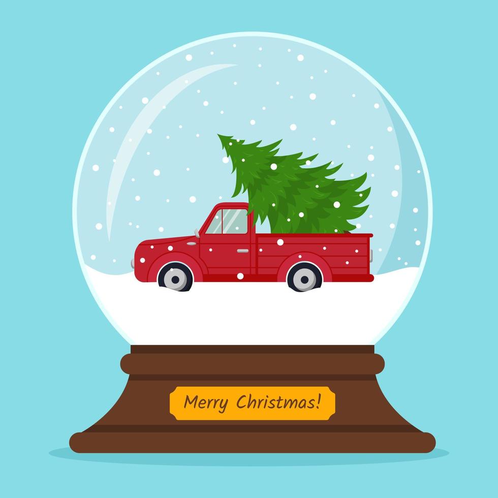 Christmas snow globe with a car that carries the Christmas tree. Vector illustration.