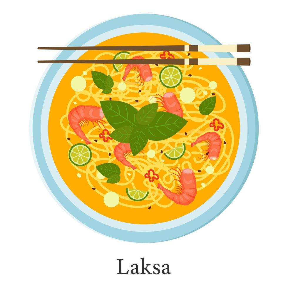Laksa soup with noodles, shrimp, tomato, basil, lime and chopsticks. Traditional Asian cuisine. Vector illustration.