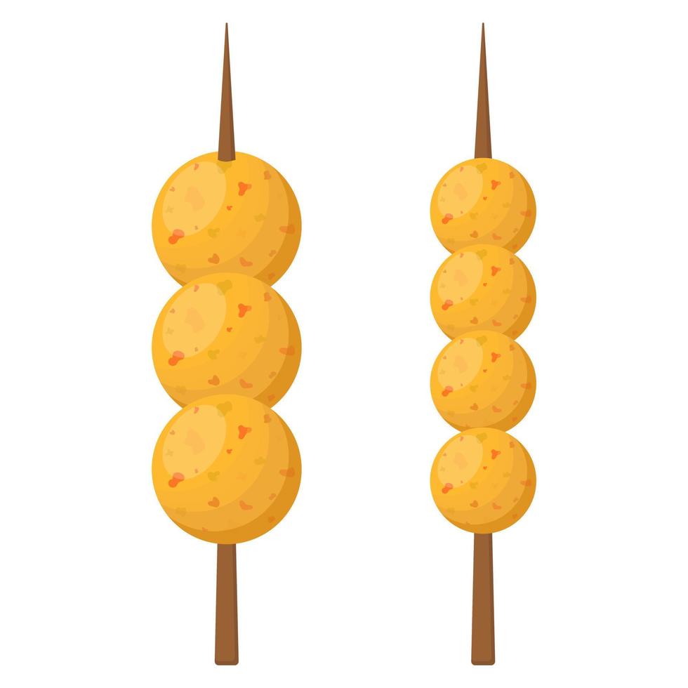 Fish balls of different sizes on a skewer. Street Asian food. Vector illustration.