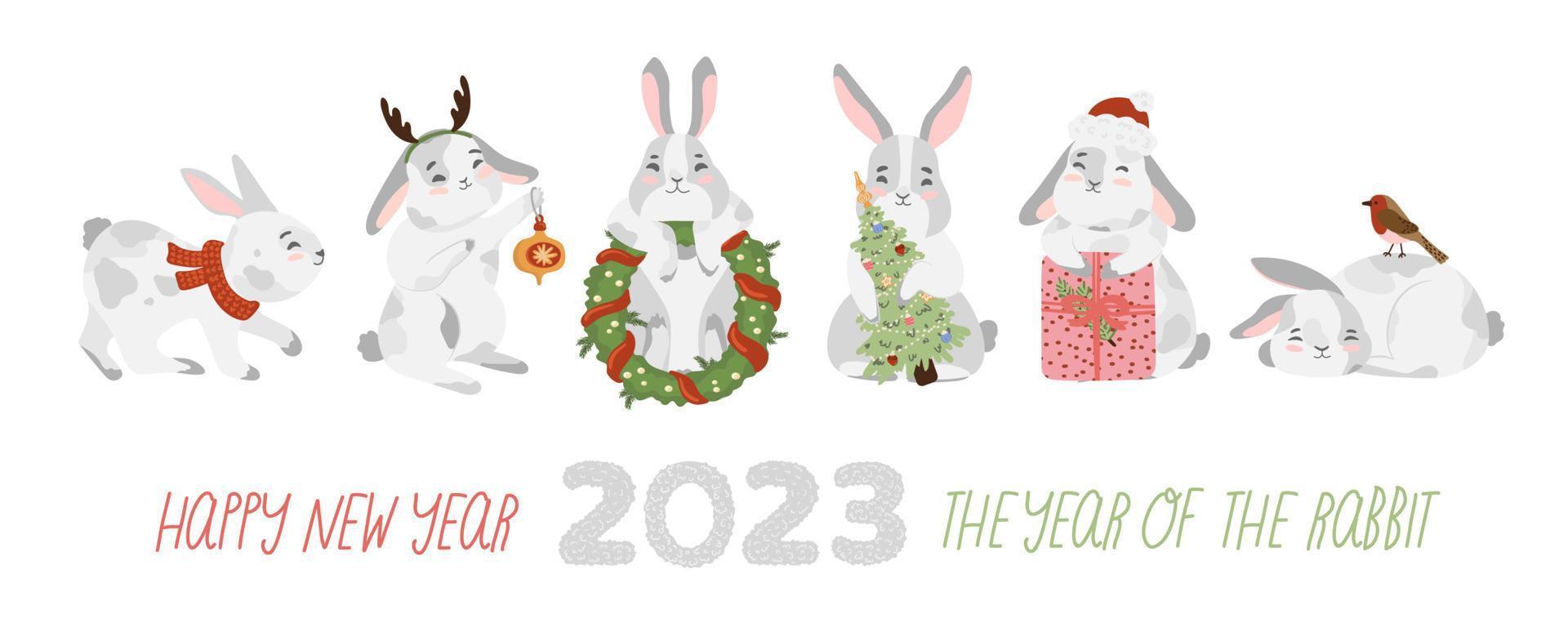 Christmas rabbit, bunny, hare collection with advent wreath, gift box, present, santa hat, christmas tree, red scarf, christmas decorations deer antler, bubble, robin bird. Happy new year 2023 banner vector