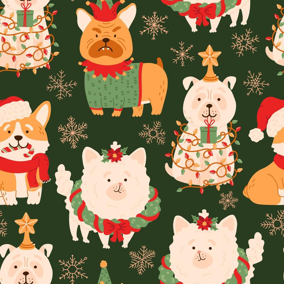 Christmas dogs, gifts and snowflakes vector seamless pattern. Cute puppy dressed in Christmas costumes, snow, presents with holiday decorations. Winter, New Year festive texture.