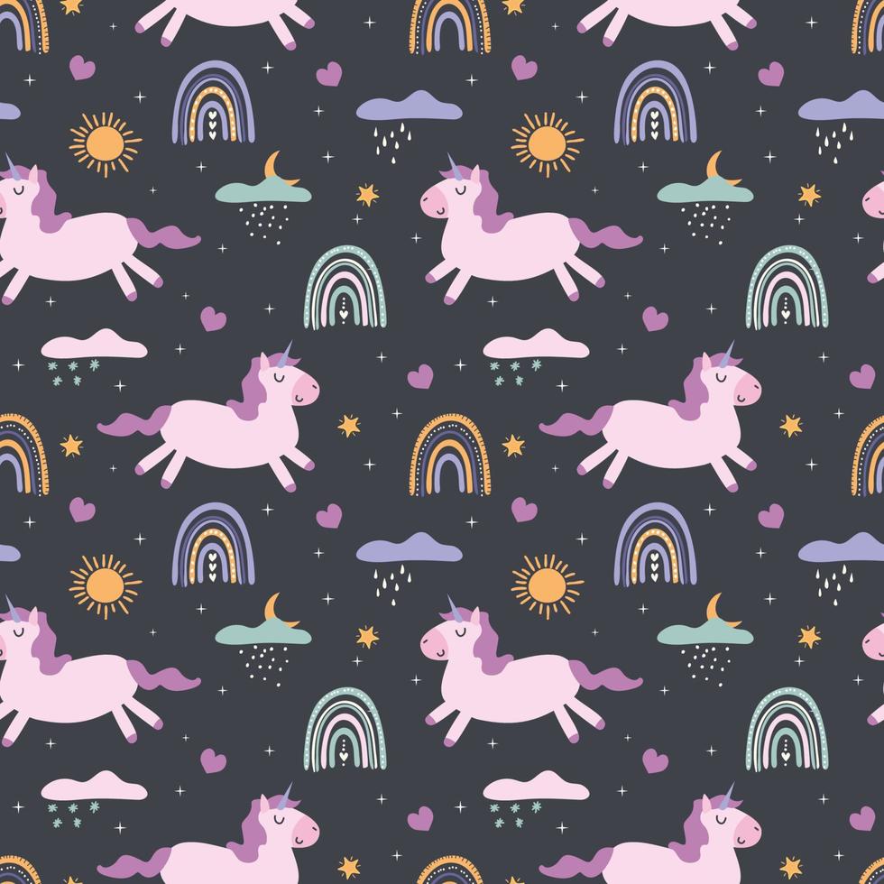 Unicorn on a cloud, rainbow, stars. Seamless pattern. Vector illustration