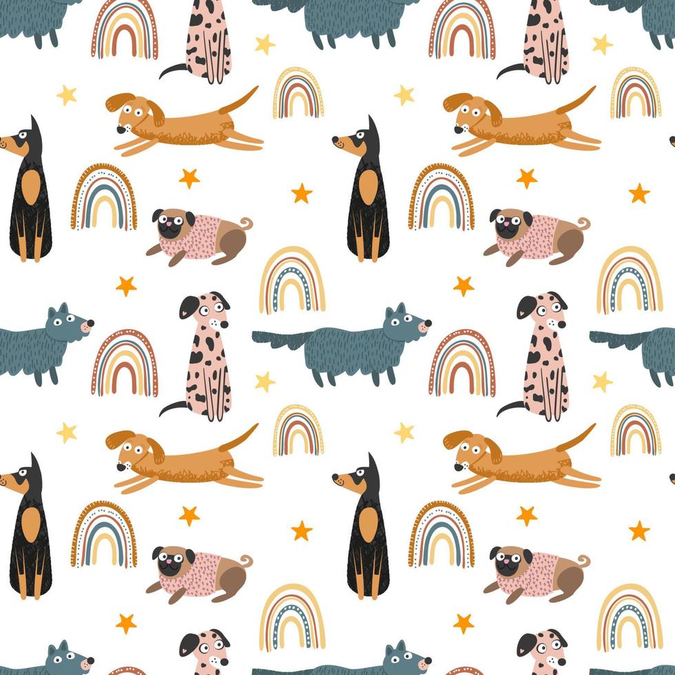 Dogs and rainbows. Seamless pattern, vector illustration