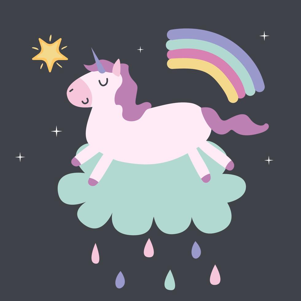 unicornio en una nube, arco iris, estrellas. ilustración vectorial vector