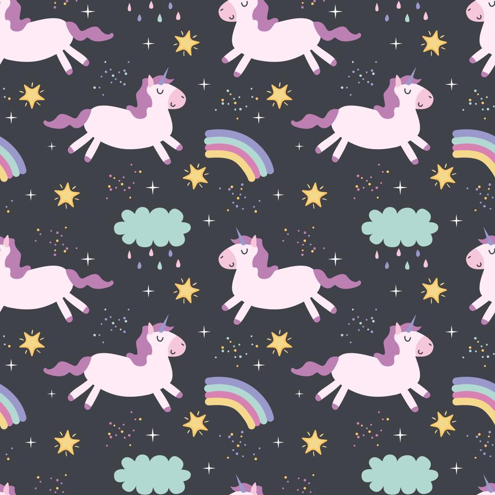 Unicorn on a cloud, rainbow, stars. Seamless pattern. Vector illustration