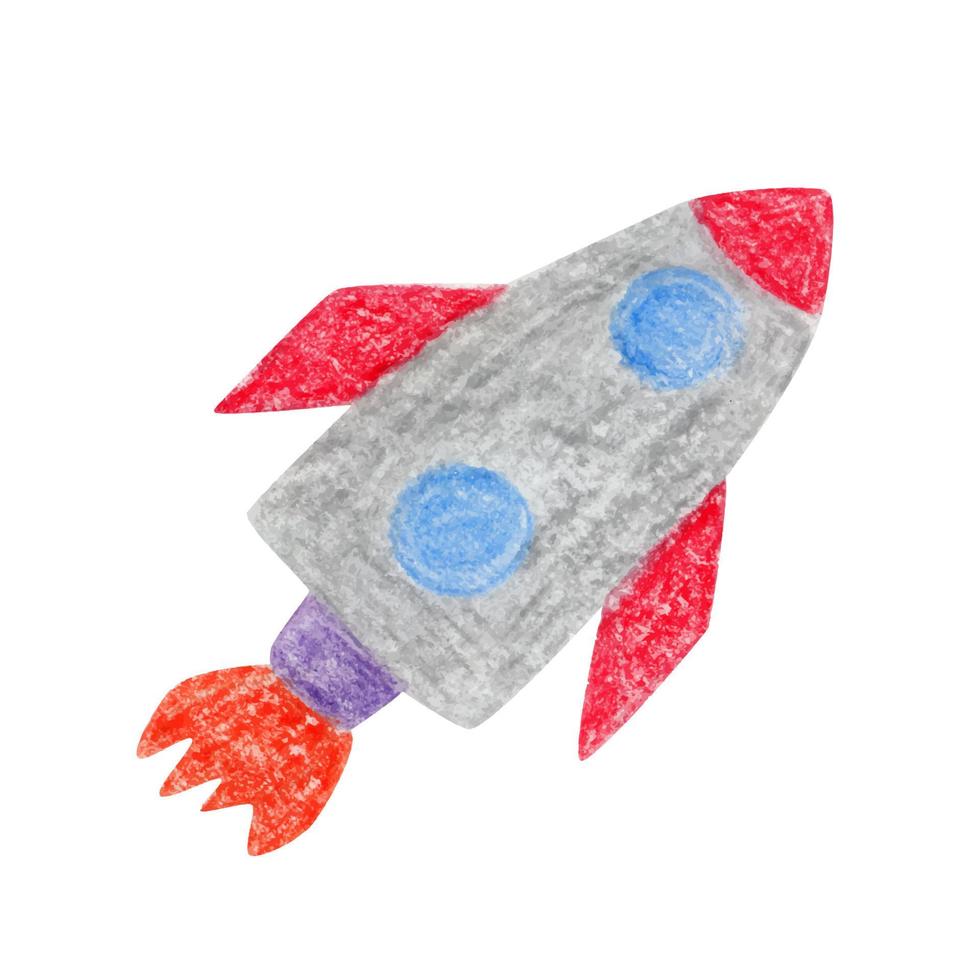 Rocket drawn by hand with colored pencils. Cartoon style. Isolated on white background vector