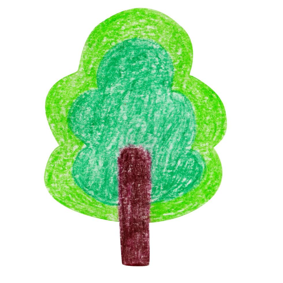 árbol verde dibujado a mano con lápices de colores. estilo de dibujos animados aislado sobre fondo blanco vector