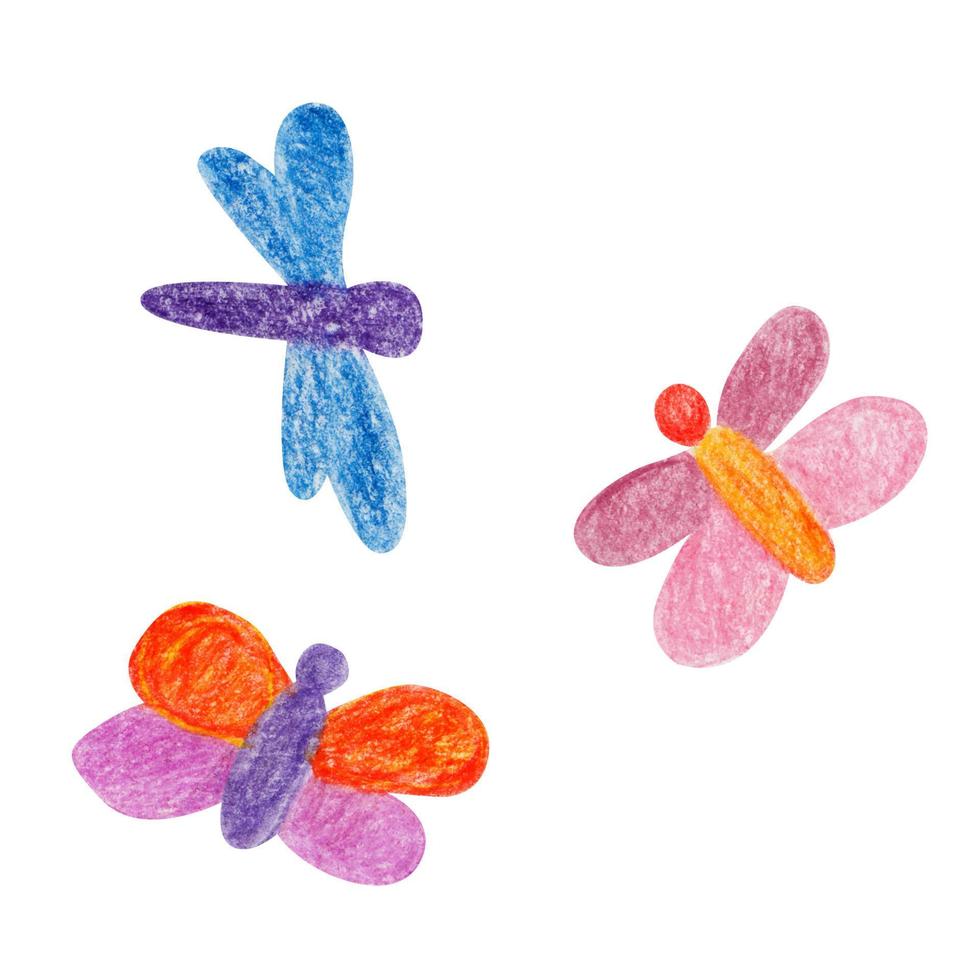 Butterfly hand drawn with colored pencils. Cartoon style. Isolated on white background vector