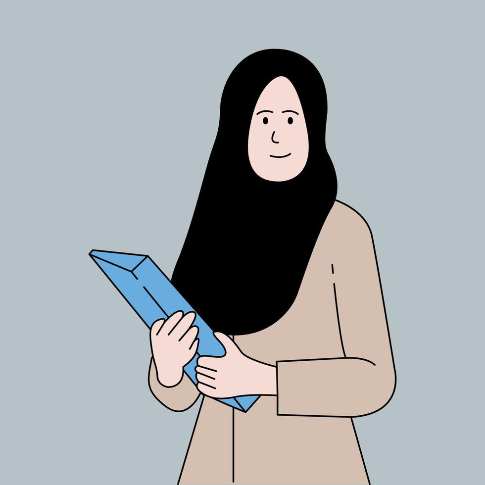 Female hijab teacher holding folder flat illustration vector