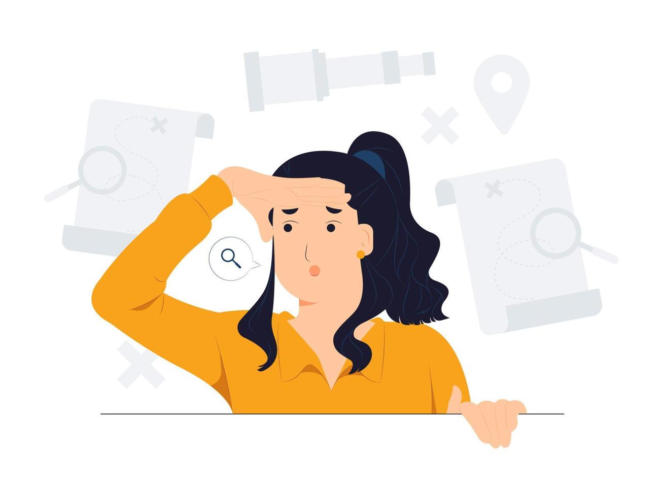 Curious woman looking far away with hand over head, trying to see something, bad vision, searching, holding palm on forehead and gasping, surprised, and amazed concept illustration vector