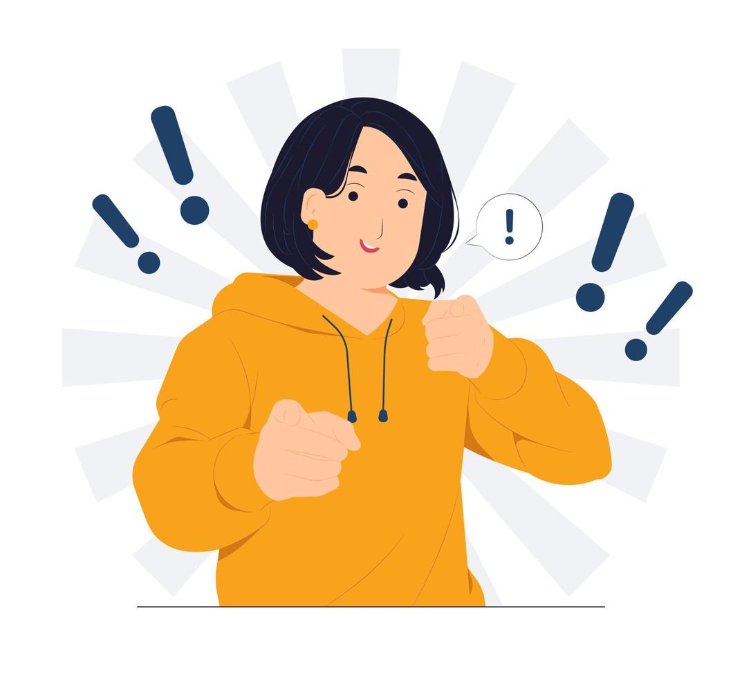 Woman pointing index finger pistol on camera while smiling broadly, encourage friend to make move, congratulate coworker good job, and giving motivation concept illustration vector