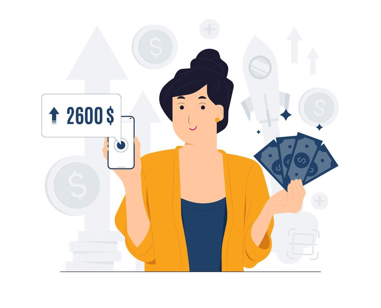 Woman get profits from Financial investment as an Investor sitting on stack of coins and making investing plans, calculating benefits, profitable savings, and bank deposit concept illustration vector