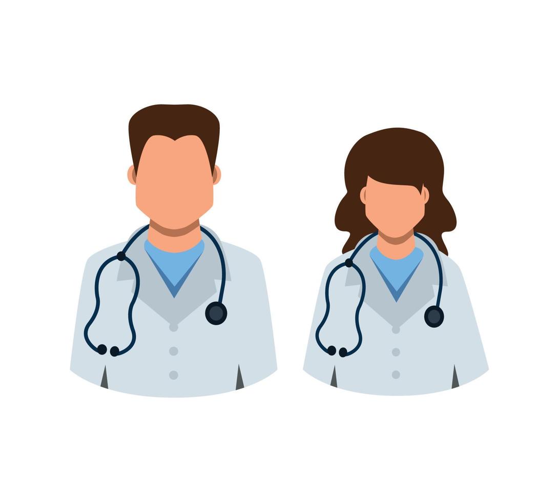 Doctor sticker icon in white shape. Man and woman doctor in flat style. Stethoscope on the neck. Vector illustration