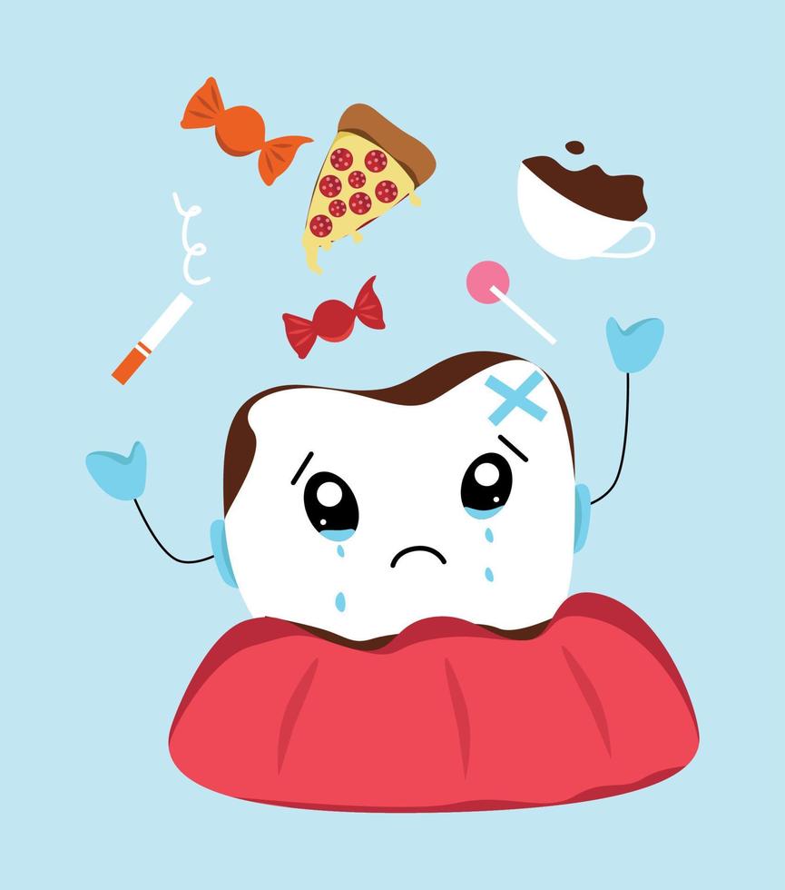 White tooth illustration icon vector graphics sad sick caries tooth and gum diseased red gum and harmful food
