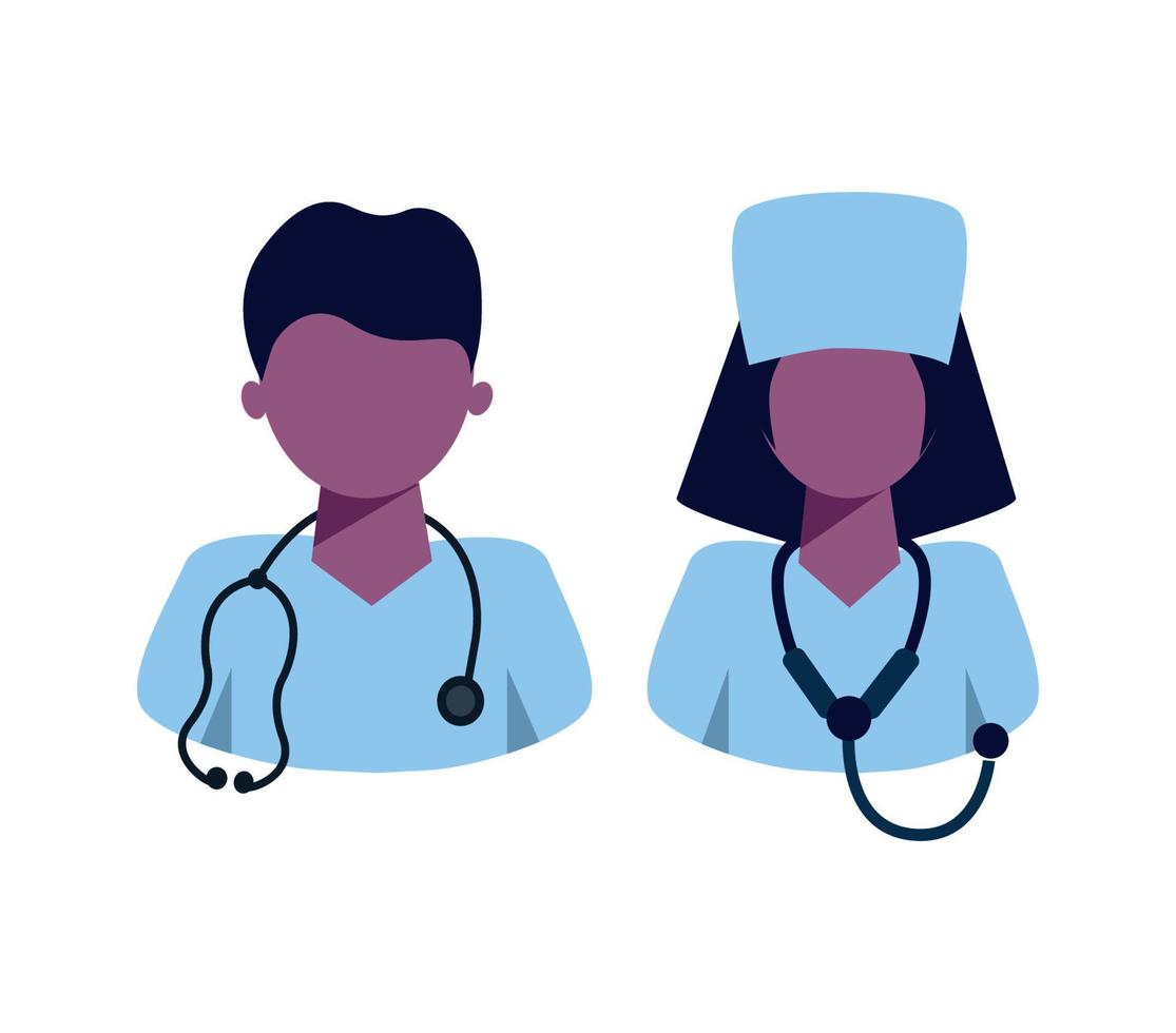 Doctor sticker icon in blue shape. Man and woman doctor in flat style. Stethoscope on the neck. Vector illustration