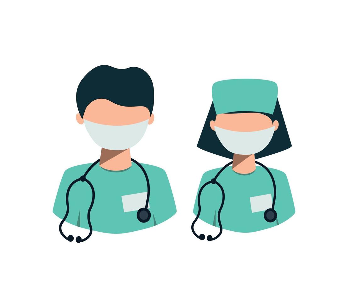 Sticker icon of a doctor in a mask in a green shape. Man and woman doctor in flat style. Stethoscope on the neck. Vector illustration