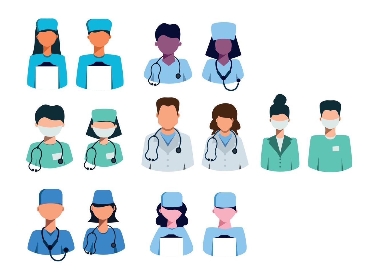 Doctors doctors icons set in green-blue-white mint shape. Man and woman doctor in flat style. No face. Vector graphics. Vector illustration