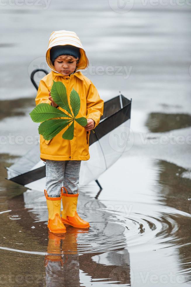 Kid in yellow waterproof cloak, boots and with umbrella playing outdoors after the rain photo