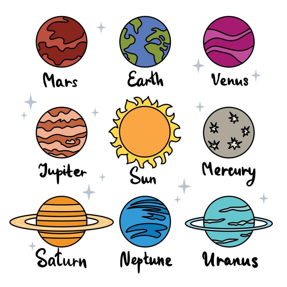 conjunto de tarjetas de planetas de dibujos animados y tarjetas del sistema  solar para niños juegan ilustración vectorial plana. 9654976 Vector en  Vecteezy