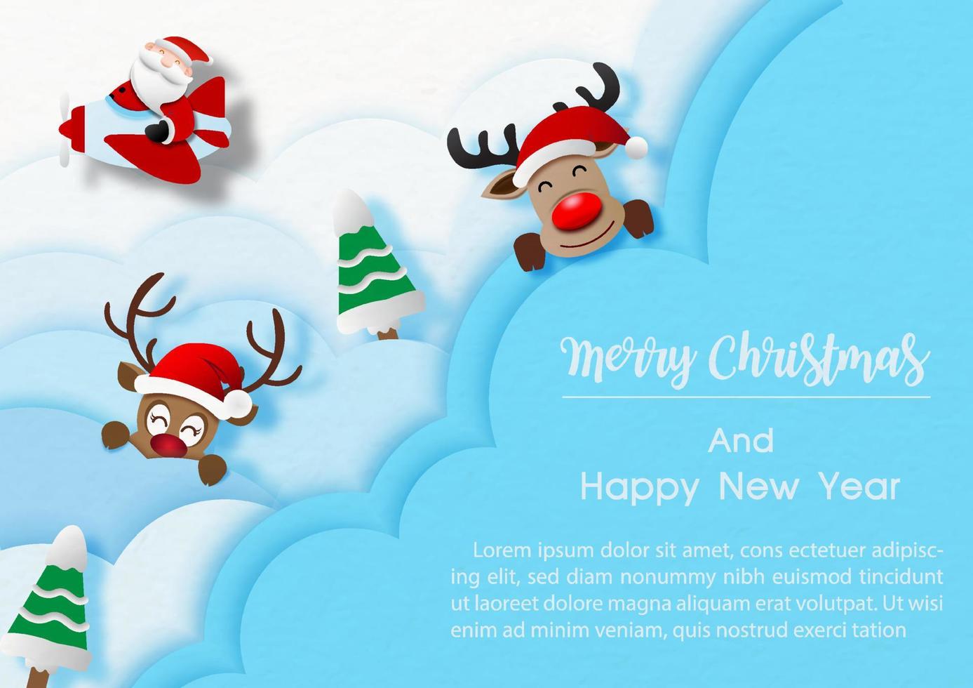 Santa cruse driving a propeller plane with reindeer in blue clouds and Christmas wording, example texts on blue background. Christmas greeting card in paper cut style and vector design.