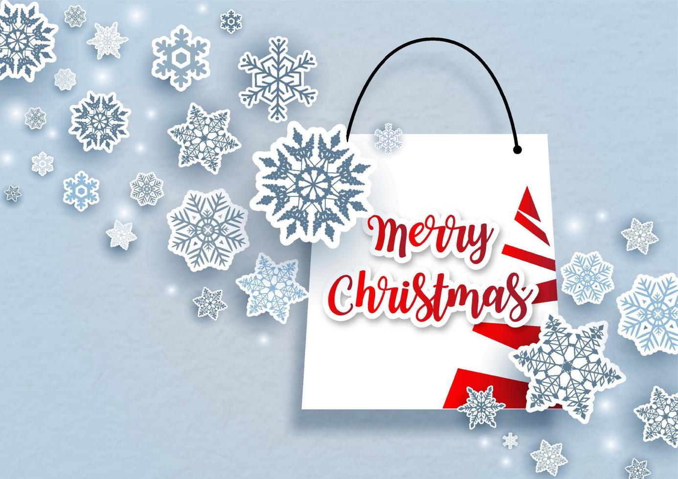 muchos y variados copos de nieve en estilo de corte de papel con letras de feliz navidad en bolsa de compras blanca y fondo azul. tarjeta de felicitación navideña y afiche en diseño vectorial. vector