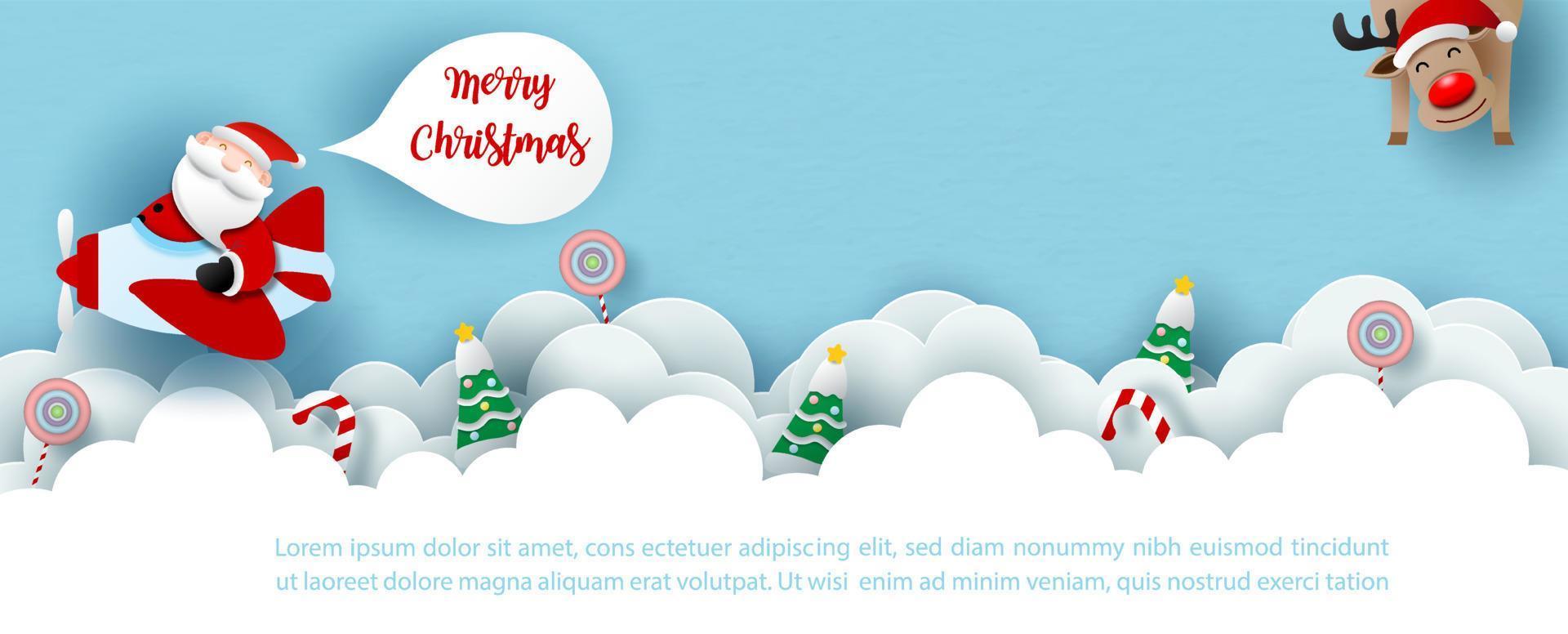 Santa cruse driving a propeller plane with objects of Christmas symbol in white cloud and reindeer on blue background. Christmas greeting card in paper cut style and vector banner design.